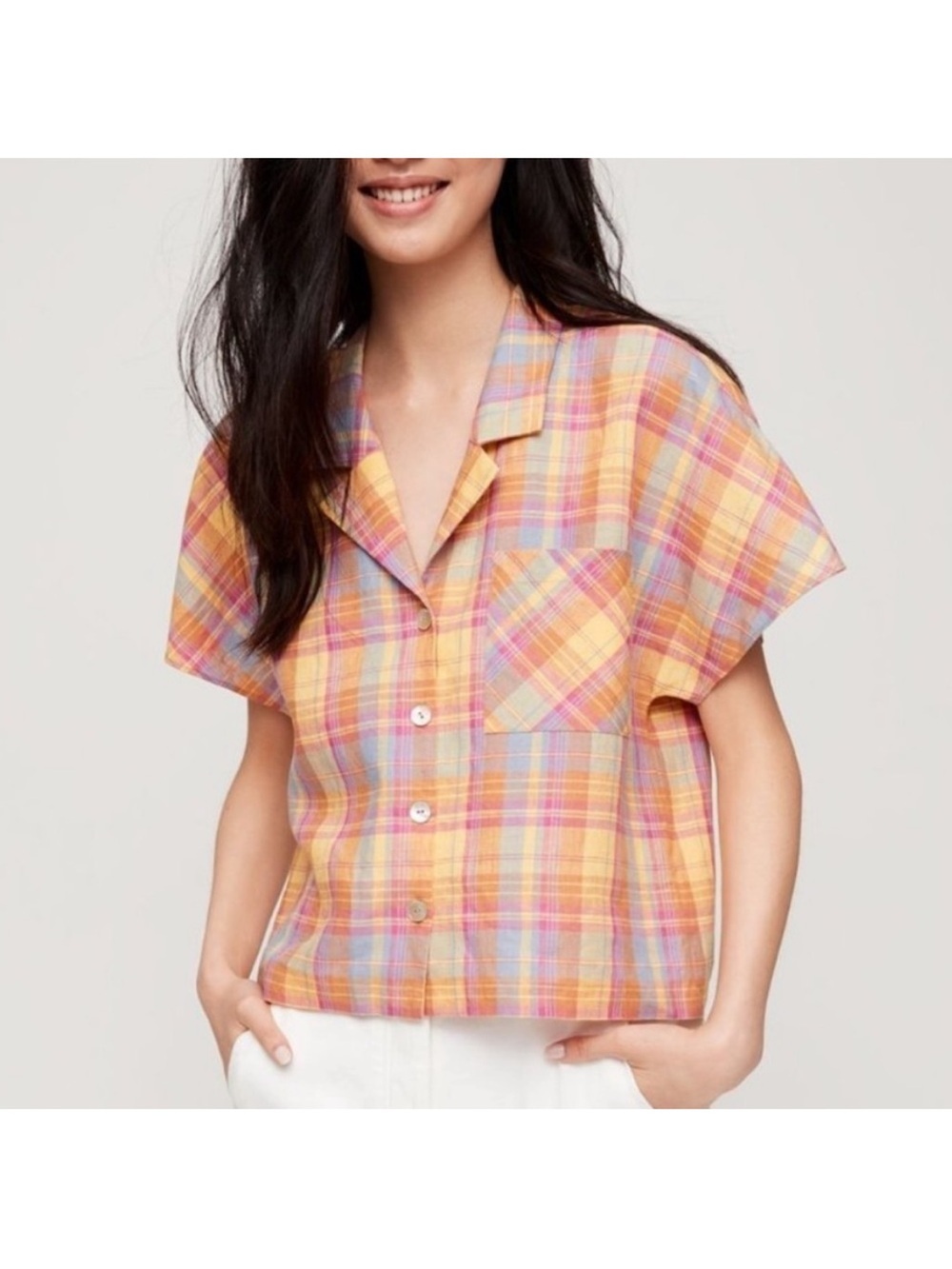 NEW Aritzia Wilfred Free Shawna 100% Linen Plaid Button Down Crop Top Blouse